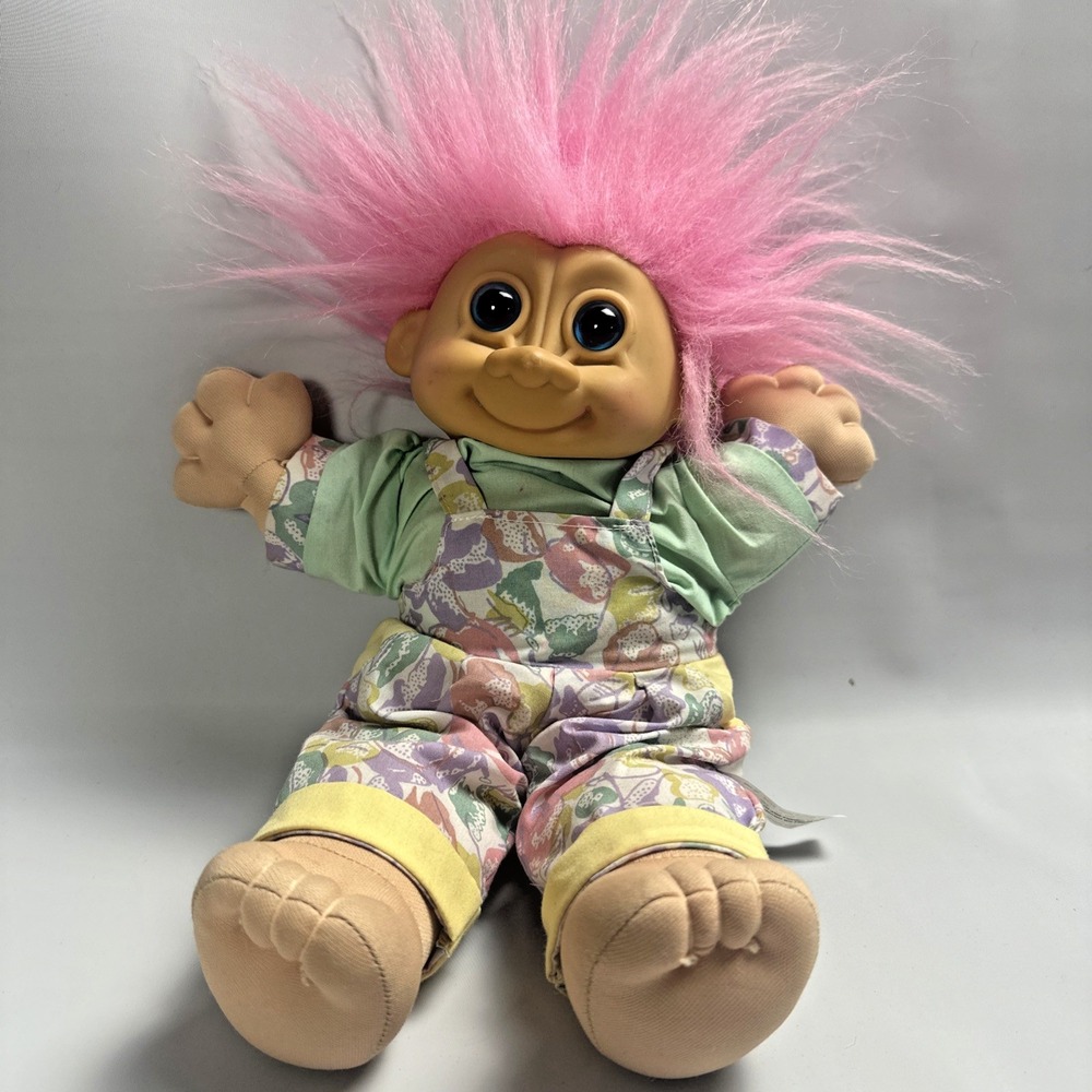 Vintage Russ Troll Doll 15" Pink Hair Pastel Overalls Plush Large 1992 Toy Retro